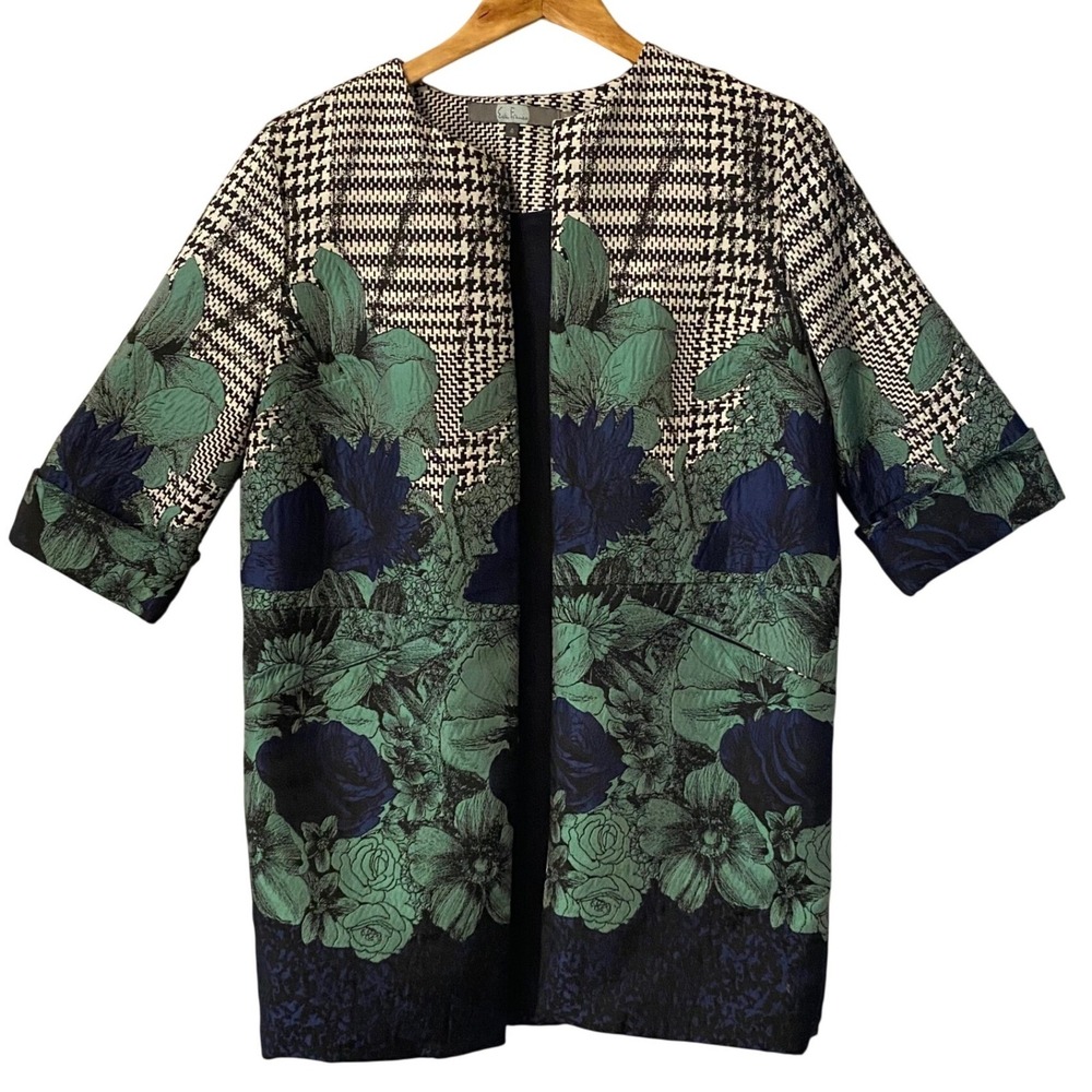 Eva France Anthropologie Houndstooth Floral Jacquard Open Car Coat‎ Jacket Sz 4